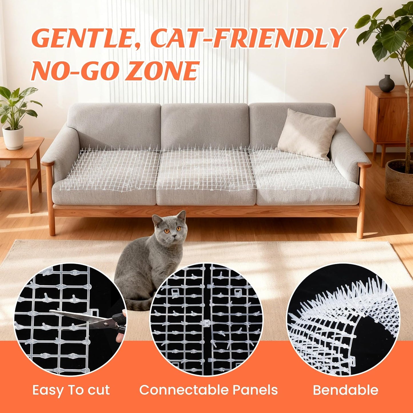 6.5ft Cat Scat Mat with Soft Spikes, Humane Indoor/Outdoor Cat Deterrent Mat for Garden, Countertops & Furniture, 78" x 11" Plastic Repellent Strip