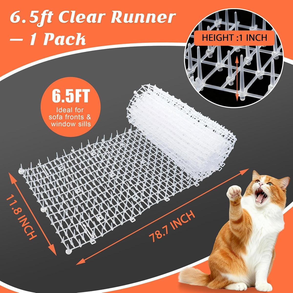 6.5ft Cat Scat Mat with Soft Spikes, Humane Indoor/Outdoor Cat Deterrent Mat for Garden, Countertops & Furniture, 78" x 11" Plastic Repellent Strip