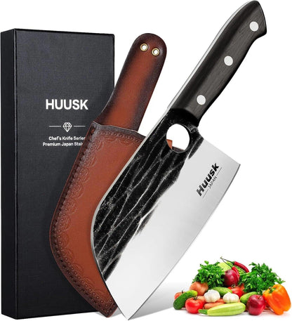 Huusk Serbian Chef Knife Hand Forged Meat Cleaver with Sheath | High Carbon Steel, Full Tang handle, Gift Box, Heavy Duty Butcher Knife for Kitchen or Camping Outdoor