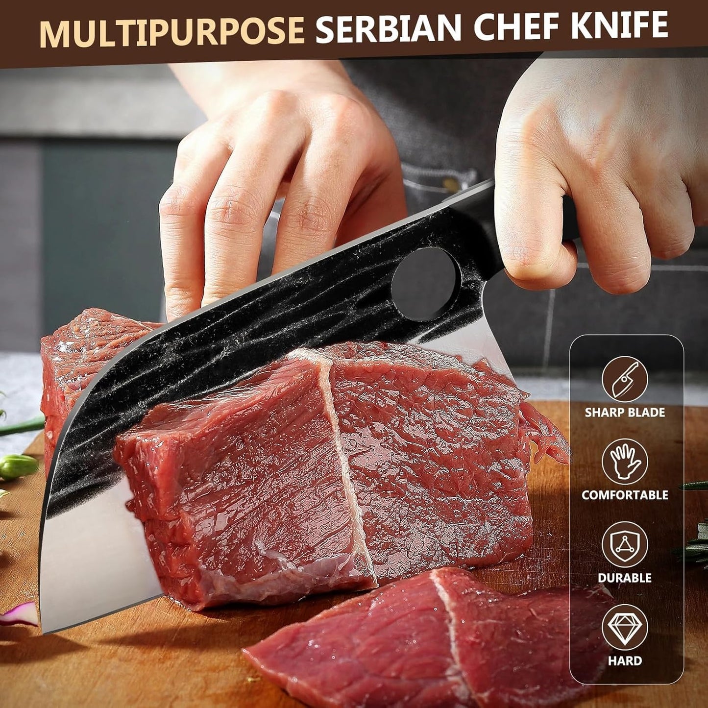 Huusk Serbian Chef Knife Hand Forged Meat Cleaver with Sheath | High Carbon Steel, Full Tang handle, Gift Box, Heavy Duty Butcher Knife for Kitchen or Camping Outdoor