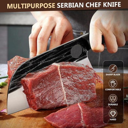 Huusk Serbian Chef Knife Hand Forged Meat Cleaver with Sheath | High Carbon Steel, Full Tang handle, Gift Box, Heavy Duty Butcher Knife for Kitchen or Camping Outdoor