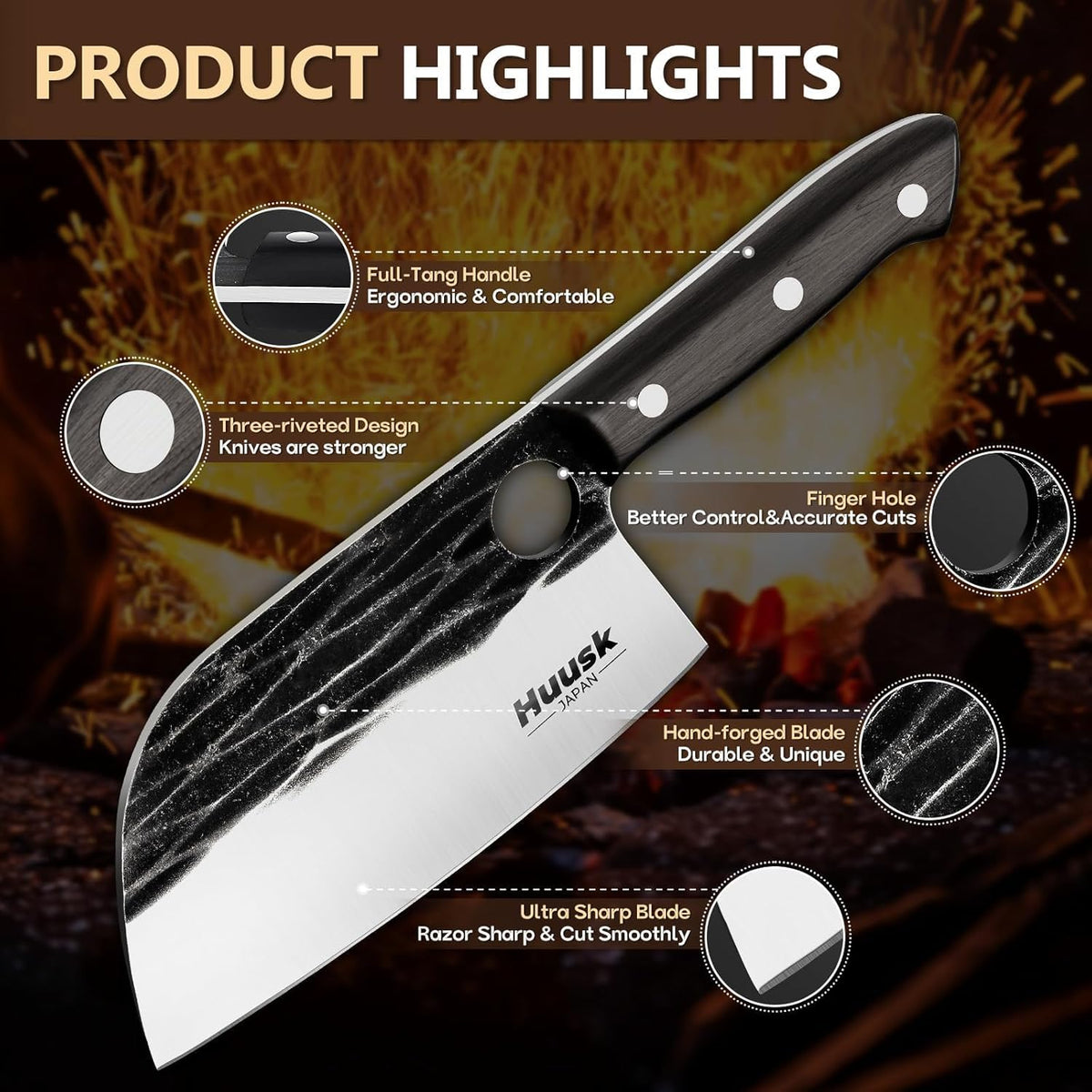 Huusk Serbian Chef Knife Hand Forged Meat Cleaver with Sheath | High Carbon Steel, Full Tang handle, Gift Box, Heavy Duty Butcher Knife for Kitchen or Camping Outdoor
