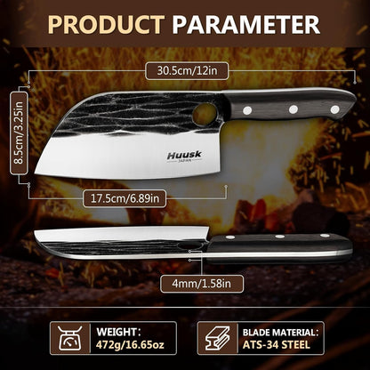 Huusk Serbian Chef Knife Hand Forged Meat Cleaver with Sheath | High Carbon Steel, Full Tang handle, Gift Box, Heavy Duty Butcher Knife for Kitchen or Camping Outdoor