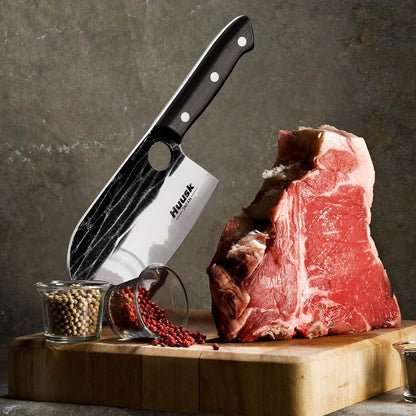 Huusk Serbian Chef Knife Hand Forged Meat Cleaver with Sheath | High Carbon Steel, Full Tang handle, Gift Box, Heavy Duty Butcher Knife for Kitchen or Camping Outdoor