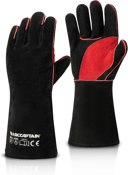 16" Welding Gloves for Men and Women, Heat Resistant Fire Gloves, Cowhide Leather Welding Gloves for MIG, TIG & Stick, Forge, BBQ Grill, Fireplace, Campfire, Wood Stove & Oven, Black-Red, L