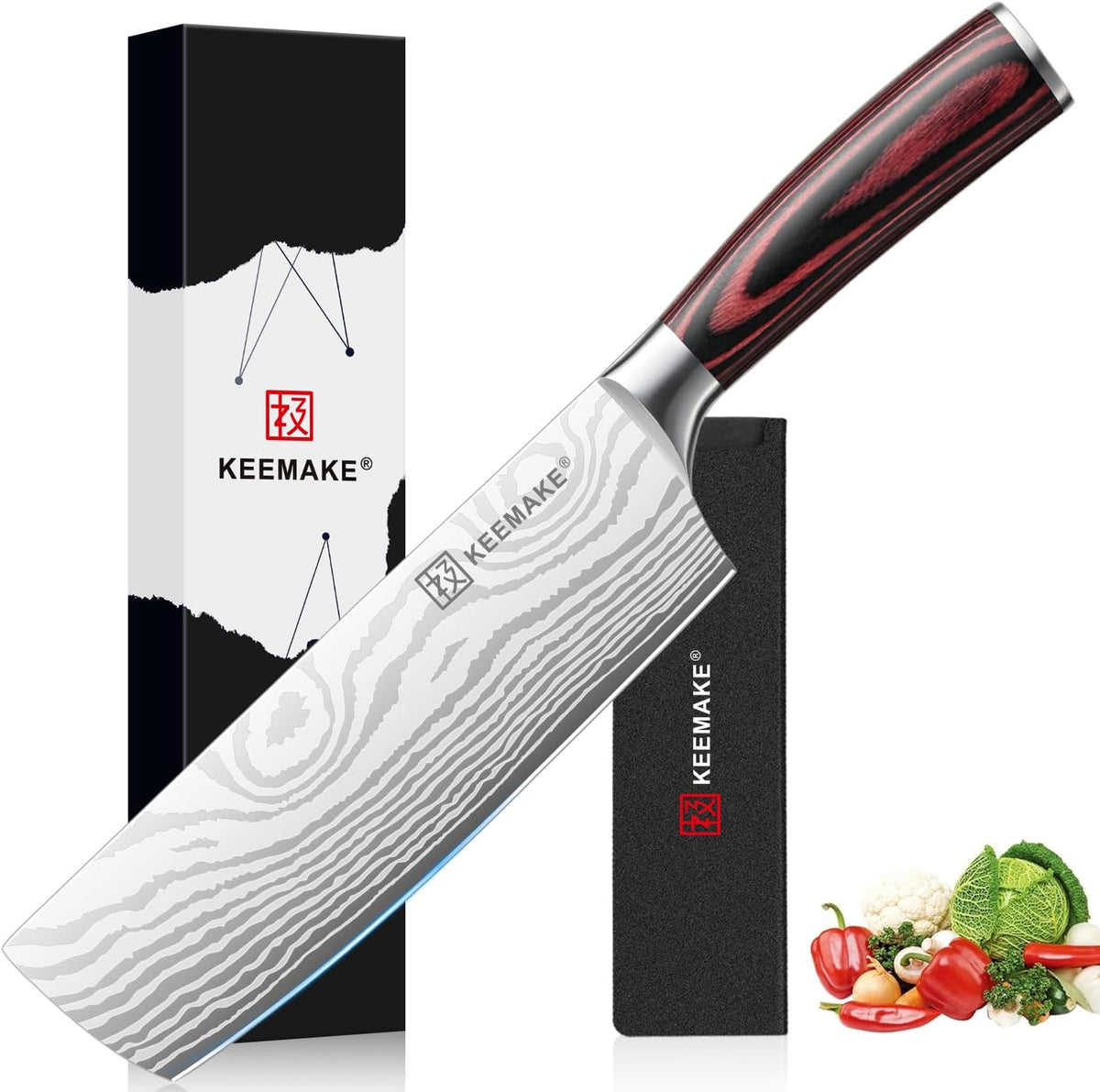 7 Inch Nakiri Knife - Japanese Kitchen Vegetable Cleaver, Razor Sharp German High Carbon Meat Slicing Cutter, Ergonomic Pakkawood Handle with Sheath, Father Day Gifts