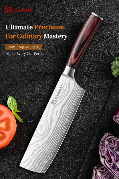 7 Inch Nakiri Knife - Japanese Kitchen Vegetable Cleaver, Razor Sharp German High Carbon Meat Slicing Cutter, Ergonomic Pakkawood Handle with Sheath, Father Day Gifts