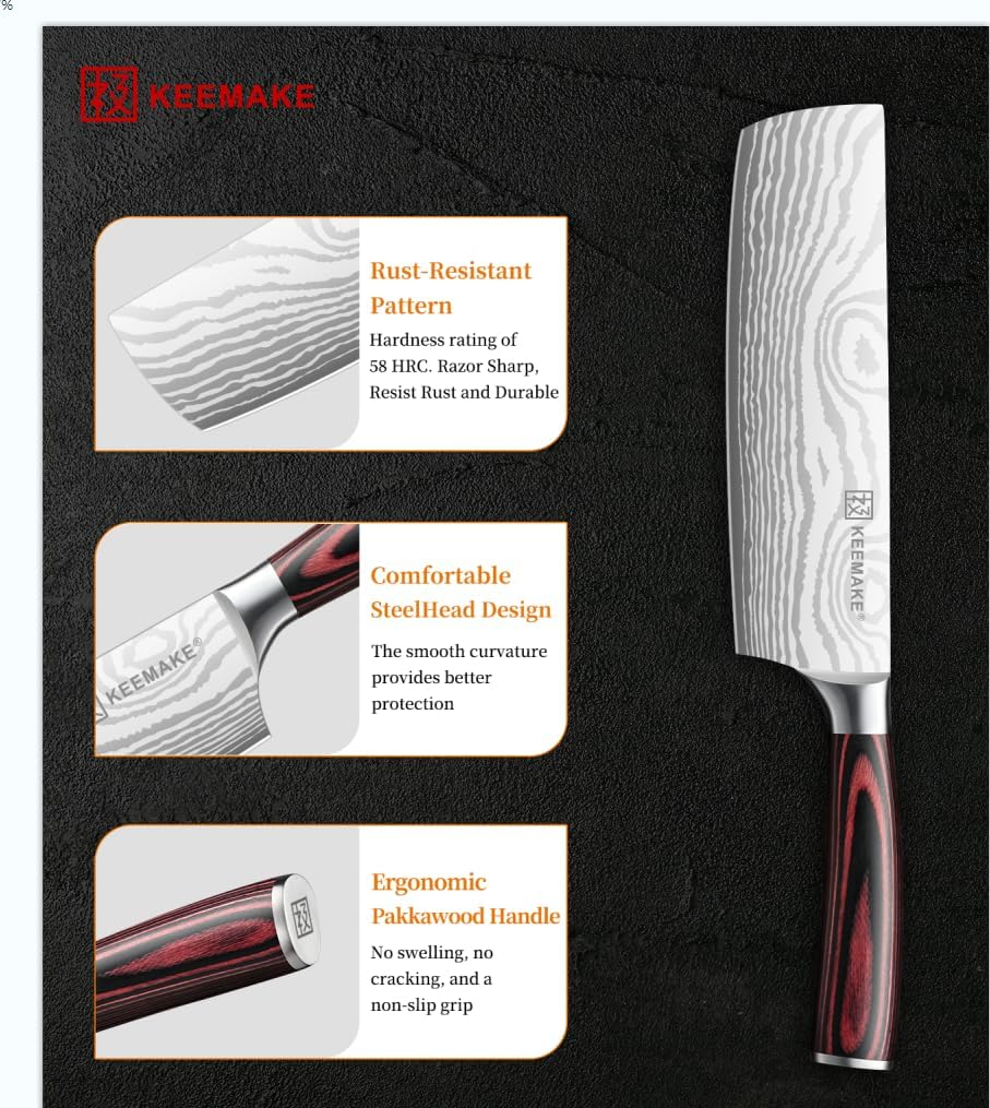 7 Inch Nakiri Knife - Japanese Kitchen Vegetable Cleaver, Razor Sharp German High Carbon Meat Slicing Cutter, Ergonomic Pakkawood Handle with Sheath, Father Day Gifts