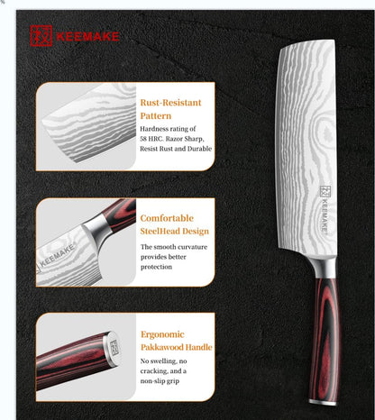 7 Inch Nakiri Knife - Japanese Kitchen Vegetable Cleaver, Razor Sharp German High Carbon Meat Slicing Cutter, Ergonomic Pakkawood Handle with Sheath, Father Day Gifts