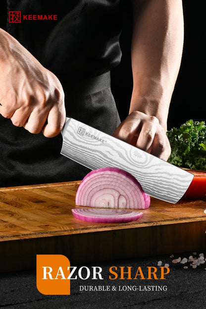 7 Inch Nakiri Knife - Japanese Kitchen Vegetable Cleaver, Razor Sharp German High Carbon Meat Slicing Cutter, Ergonomic Pakkawood Handle with Sheath, Father Day Gifts