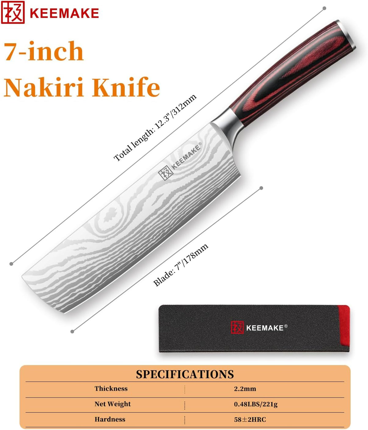 7 Inch Nakiri Knife - Japanese Kitchen Vegetable Cleaver, Razor Sharp German High Carbon Meat Slicing Cutter, Ergonomic Pakkawood Handle with Sheath, Father Day Gifts