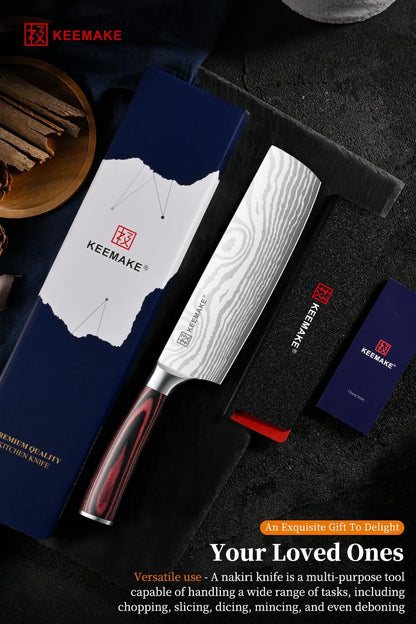 7 Inch Nakiri Knife - Japanese Kitchen Vegetable Cleaver, Razor Sharp German High Carbon Meat Slicing Cutter, Ergonomic Pakkawood Handle with Sheath, Father Day Gifts