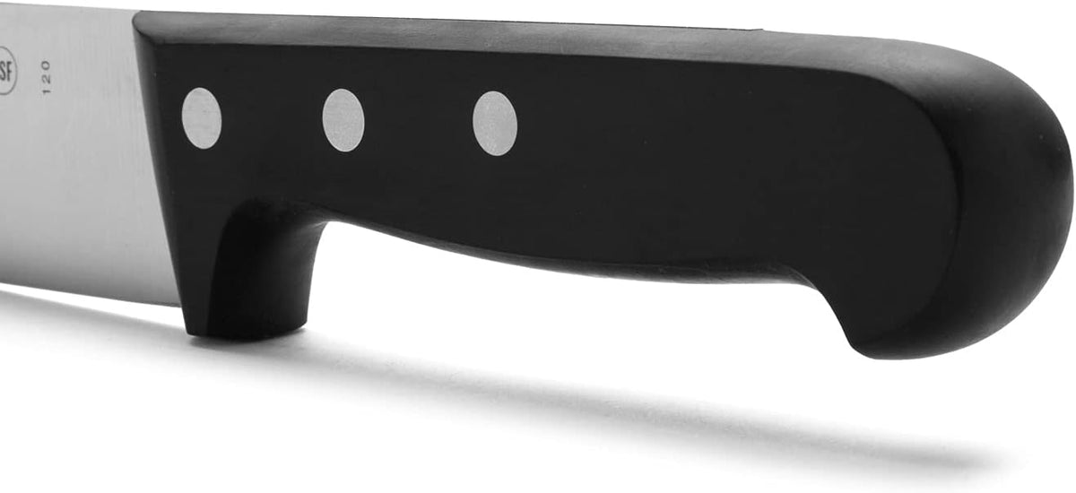 Salmon Knife/Fish Knife 11 Inch Nitrum Stainless Steel and 290 mm blade. Ergonomic Polyoxymethylene POM Handle. Series Universal. Long, sturdy blade and serrated edge. Easily cuts. Color Black