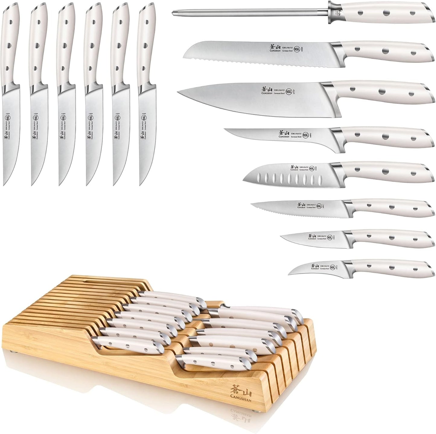 Cangshan ALPS Series 502810 German Steel Forged 15-Piece In-Drawer Knife Set with Bamboo Tray, (Black)