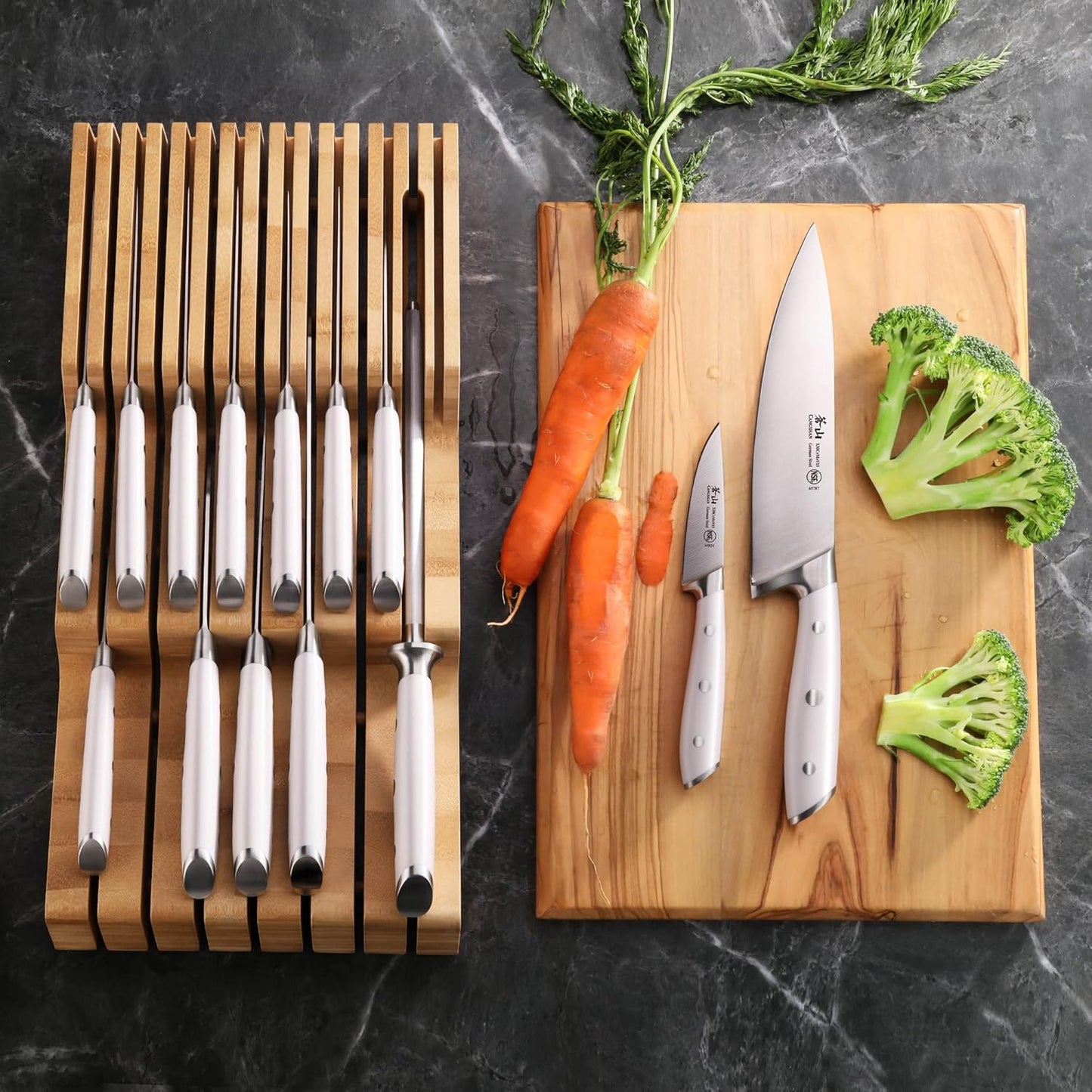 Cangshan ALPS Series 502810 German Steel Forged 15-Piece In-Drawer Knife Set with Bamboo Tray, (Black)