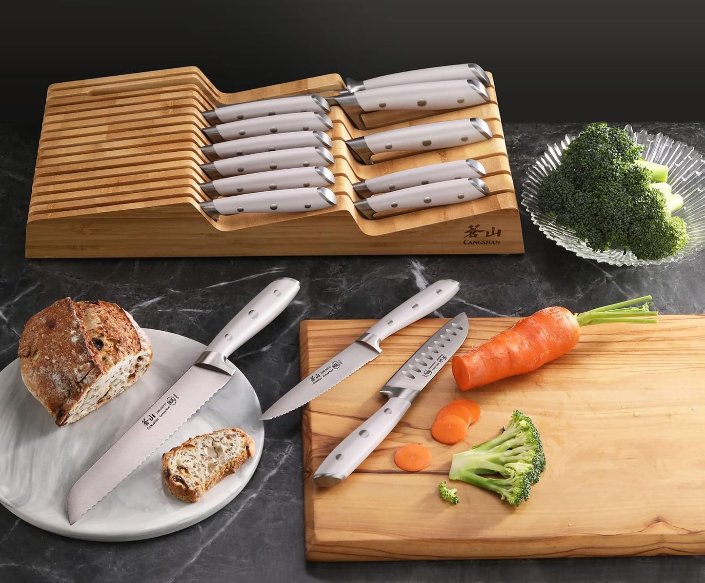 Cangshan ALPS Series 502810 German Steel Forged 15-Piece In-Drawer Knife Set with Bamboo Tray, (Black)