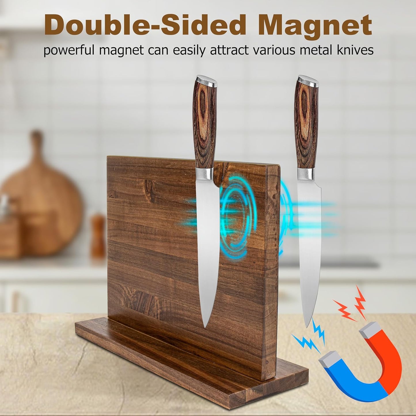 Magnetic Knife Holder,Double Sided Magnetic Knife Block for Kitchen Counter,Acacia Wood Strong Magnet Knife strip