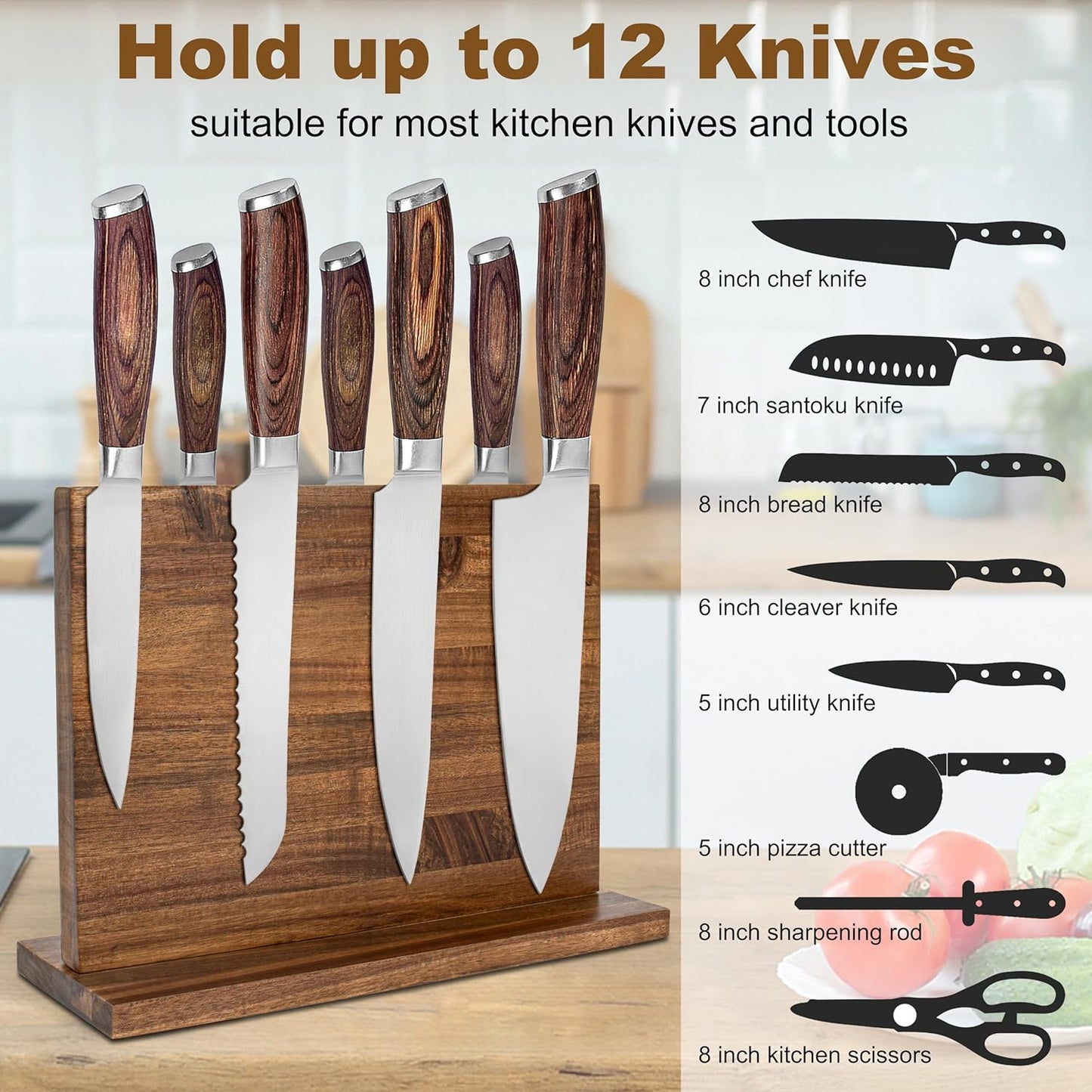 Magnetic Knife Holder,Double Sided Magnetic Knife Block for Kitchen Counter,Acacia Wood Strong Magnet Knife strip