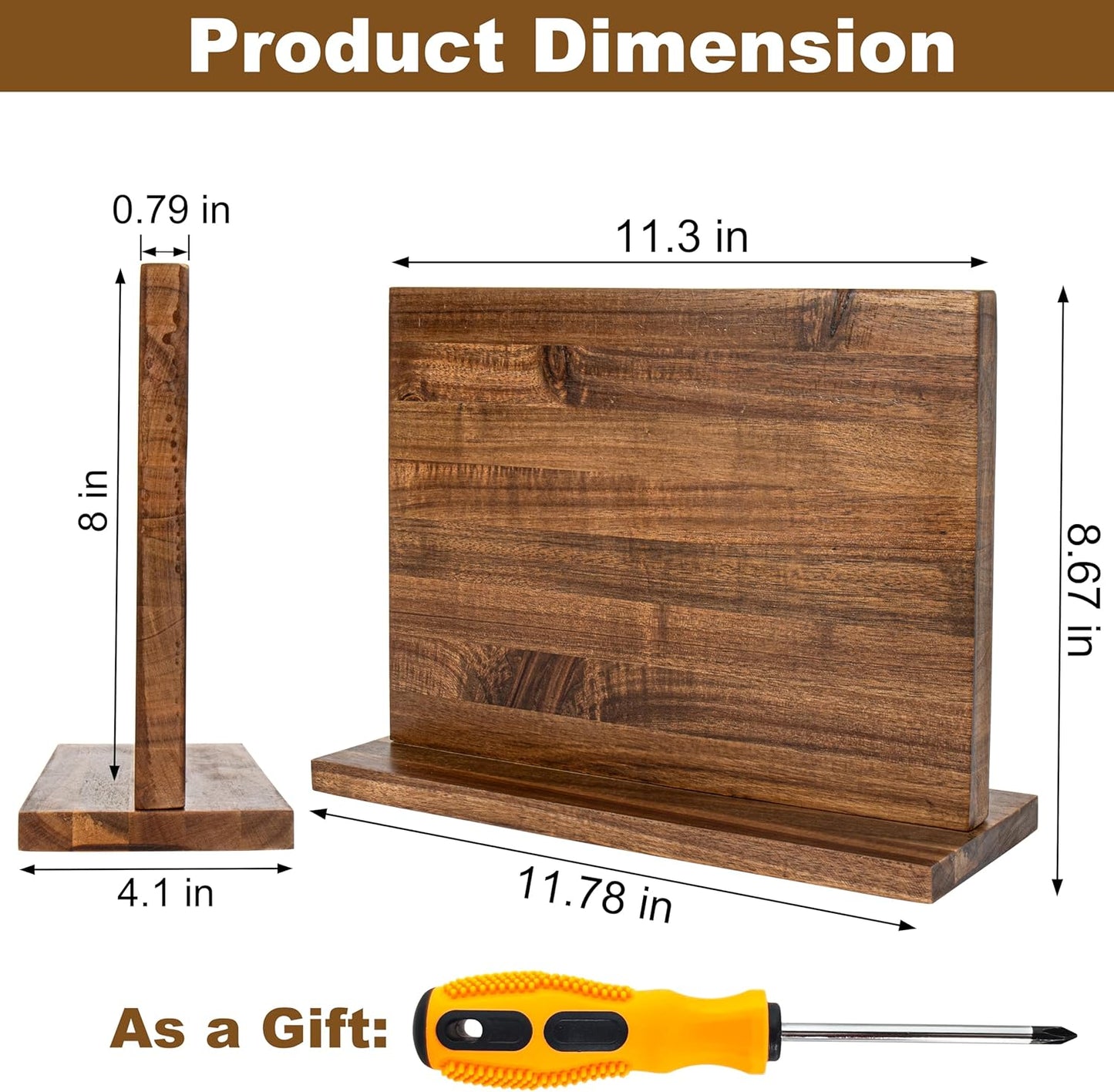 Magnetic Knife Holder,Double Sided Magnetic Knife Block for Kitchen Counter,Acacia Wood Strong Magnet Knife strip