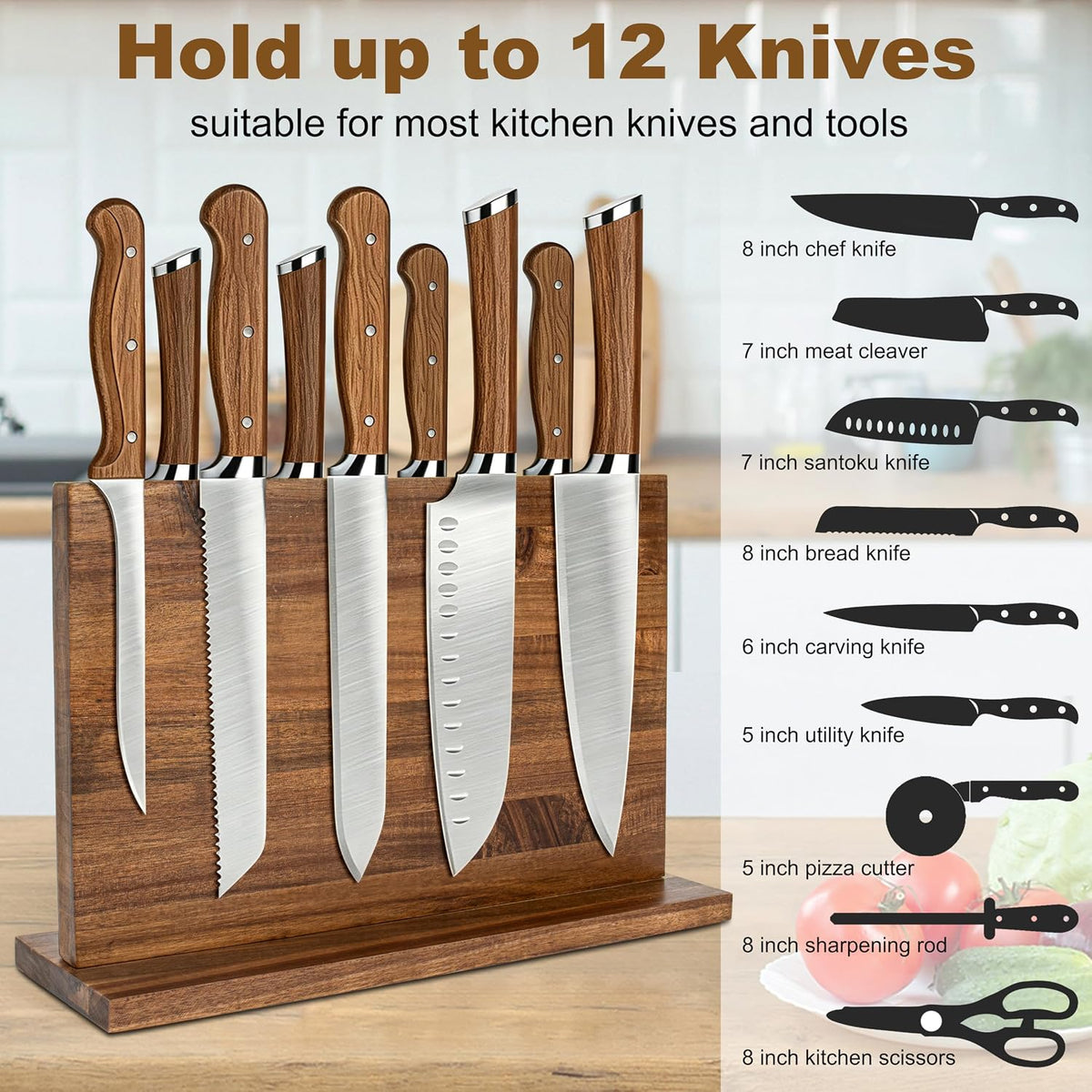 Magnetic Knife Holder,Double Sided Magnetic Knife Block for Kitchen Counter,Acacia Wood Strong Magnet Knife strip