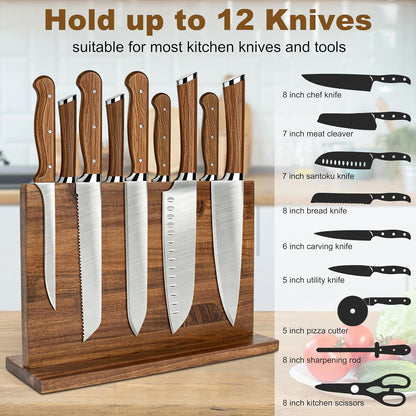 Magnetic Knife Holder,Double Sided Magnetic Knife Block for Kitchen Counter,Acacia Wood Strong Magnet Knife strip