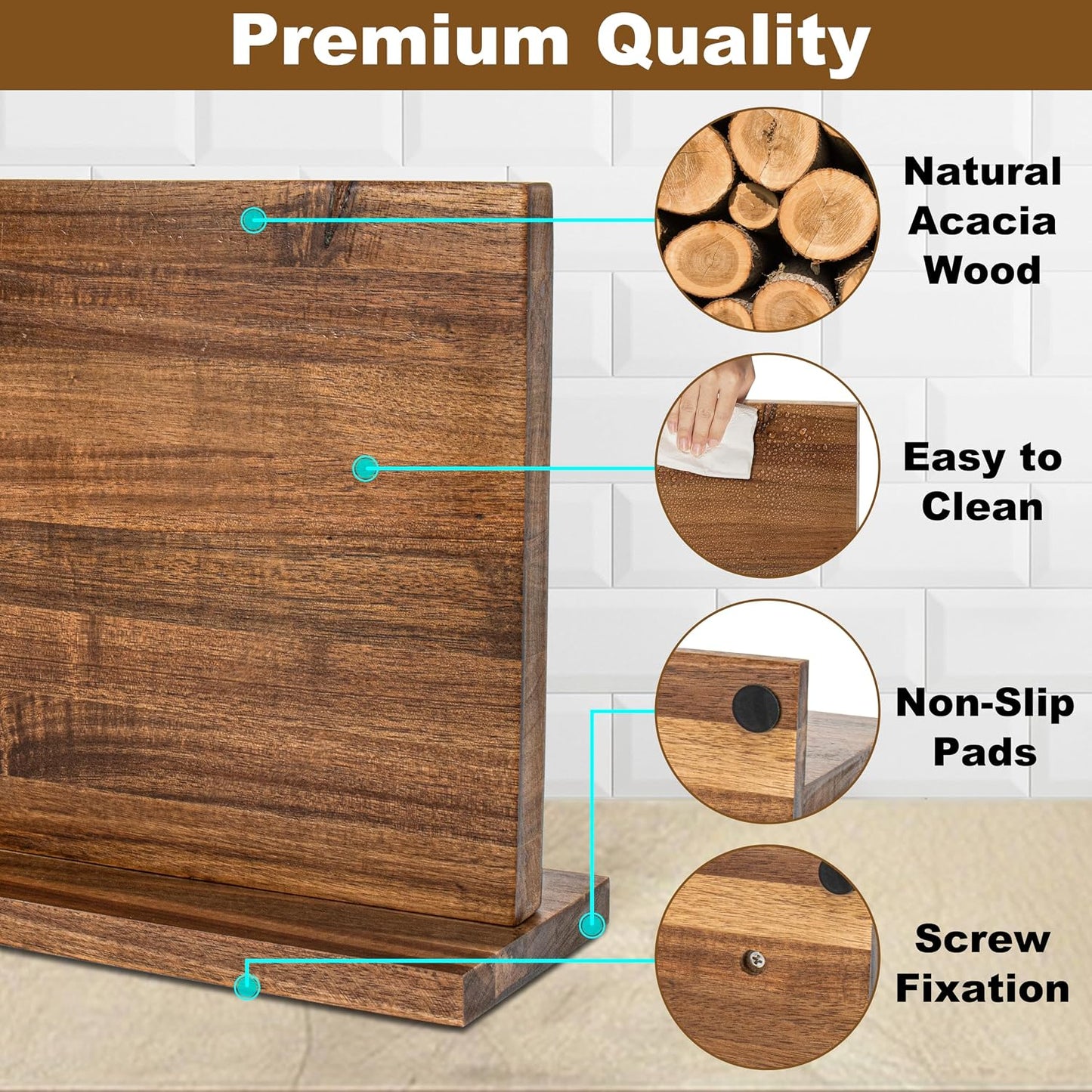 Magnetic Knife Holder,Double Sided Magnetic Knife Block for Kitchen Counter,Acacia Wood Strong Magnet Knife strip