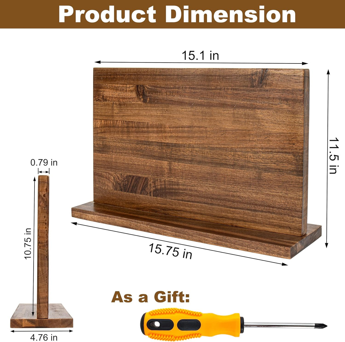 Magnetic Knife Holder,Double Sided Magnetic Knife Block for Kitchen Counter,Acacia Wood Strong Magnet Knife strip