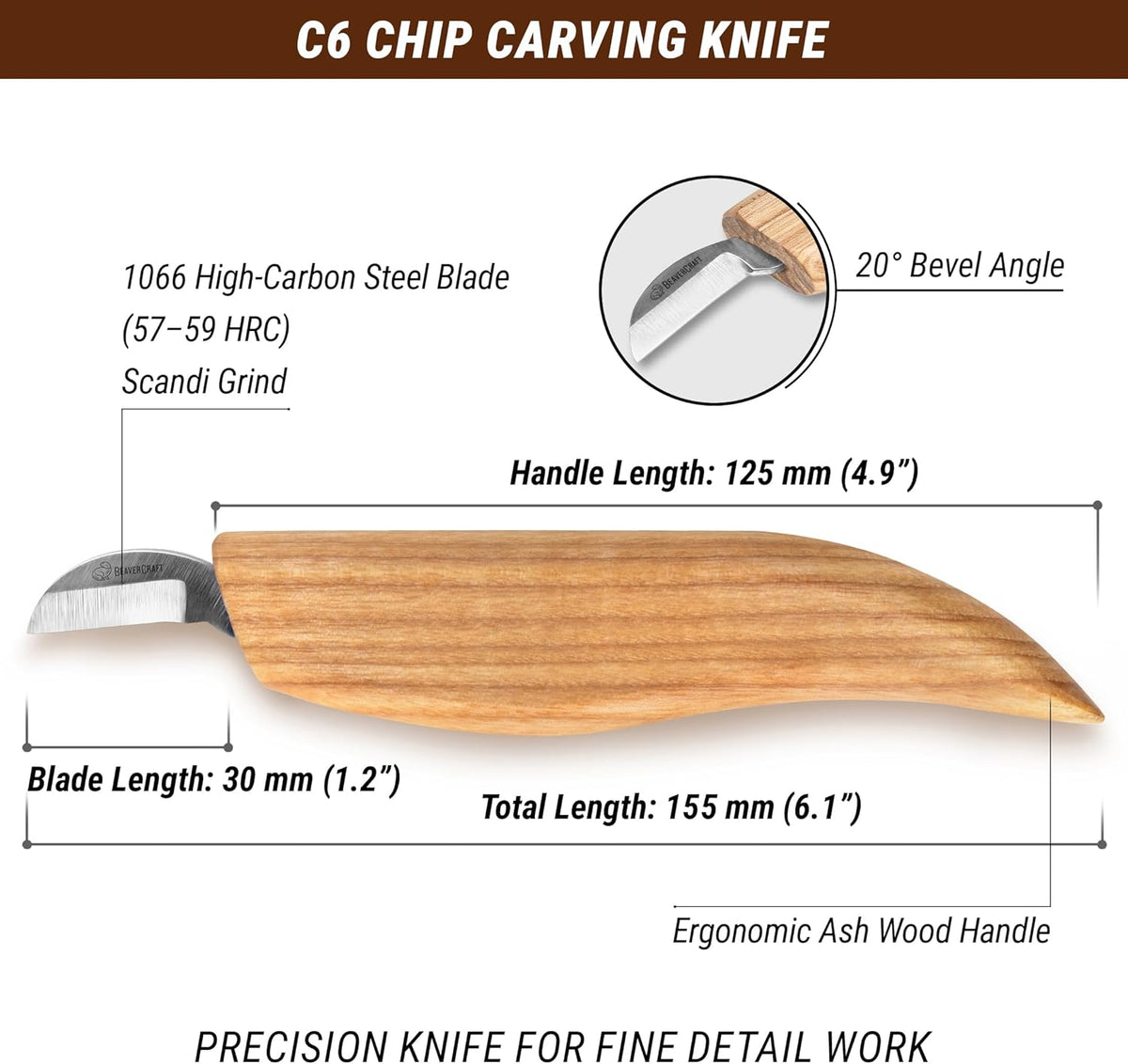 Chip Carving Knife C6 1" - Wood Carving Tools for Beginners and Kids - Small Whittling Knife for Detail