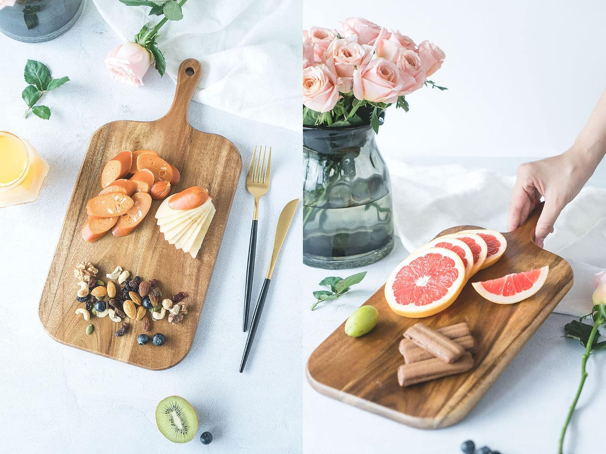 BILL.F Acacia Wood Cutting Board with Handle Wooden Charcuterie Board Paddle Cheese Board Serving Boards for Kitchen Meat, Pizza,Cheese, Bread, Vegetables &Fruits 15'' x 7.5'' x 0.6''