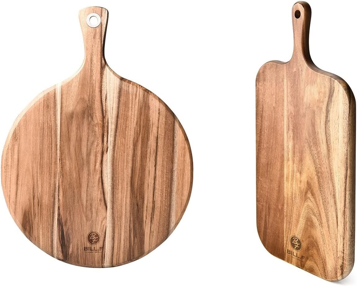 BILL.F Acacia Wood Cutting Board with Handle Wooden Charcuterie Board Paddle Cheese Board Serving Boards for Kitchen Meat, Pizza,Cheese, Bread, Vegetables &Fruits 15'' x 7.5'' x 0.6''
