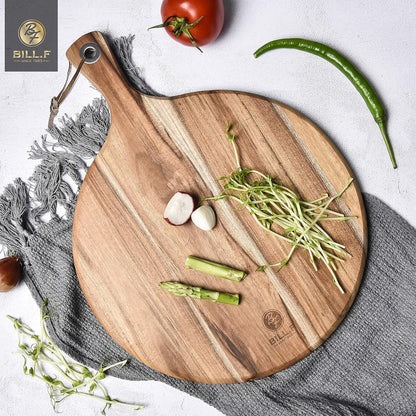 BILL.F Acacia Wood Cutting Board with Handle Wooden Charcuterie Board Paddle Cheese Board Serving Boards for Kitchen Meat, Pizza,Cheese, Bread, Vegetables &Fruits 15'' x 7.5'' x 0.6''