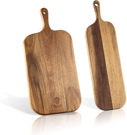 BILL.F Acacia Wood Cutting Board with Handle Wooden Charcuterie Board Paddle Cheese Board Serving Boards for Kitchen Meat, Pizza,Cheese, Bread, Vegetables &Fruits 15'' x 7.5'' x 0.6''