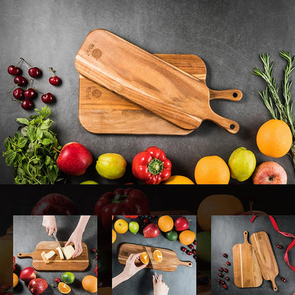BILL.F Acacia Wood Cutting Board with Handle Wooden Charcuterie Board Paddle Cheese Board Serving Boards for Kitchen Meat, Pizza,Cheese, Bread, Vegetables &Fruits 15'' x 7.5'' x 0.6''