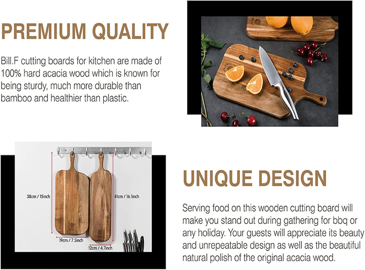 BILL.F Acacia Wood Cutting Board with Handle Wooden Charcuterie Board Paddle Cheese Board Serving Boards for Kitchen Meat, Pizza,Cheese, Bread, Vegetables &Fruits 15'' x 7.5'' x 0.6''