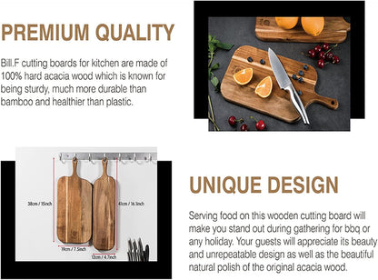 BILL.F Acacia Wood Cutting Board with Handle Wooden Charcuterie Board Paddle Cheese Board Serving Boards for Kitchen Meat, Pizza,Cheese, Bread, Vegetables &Fruits 15'' x 7.5'' x 0.6''