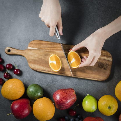 BILL.F Acacia Wood Cutting Board with Handle Wooden Charcuterie Board Paddle Cheese Board Serving Boards for Kitchen Meat, Pizza,Cheese, Bread, Vegetables &Fruits 15'' x 7.5'' x 0.6''