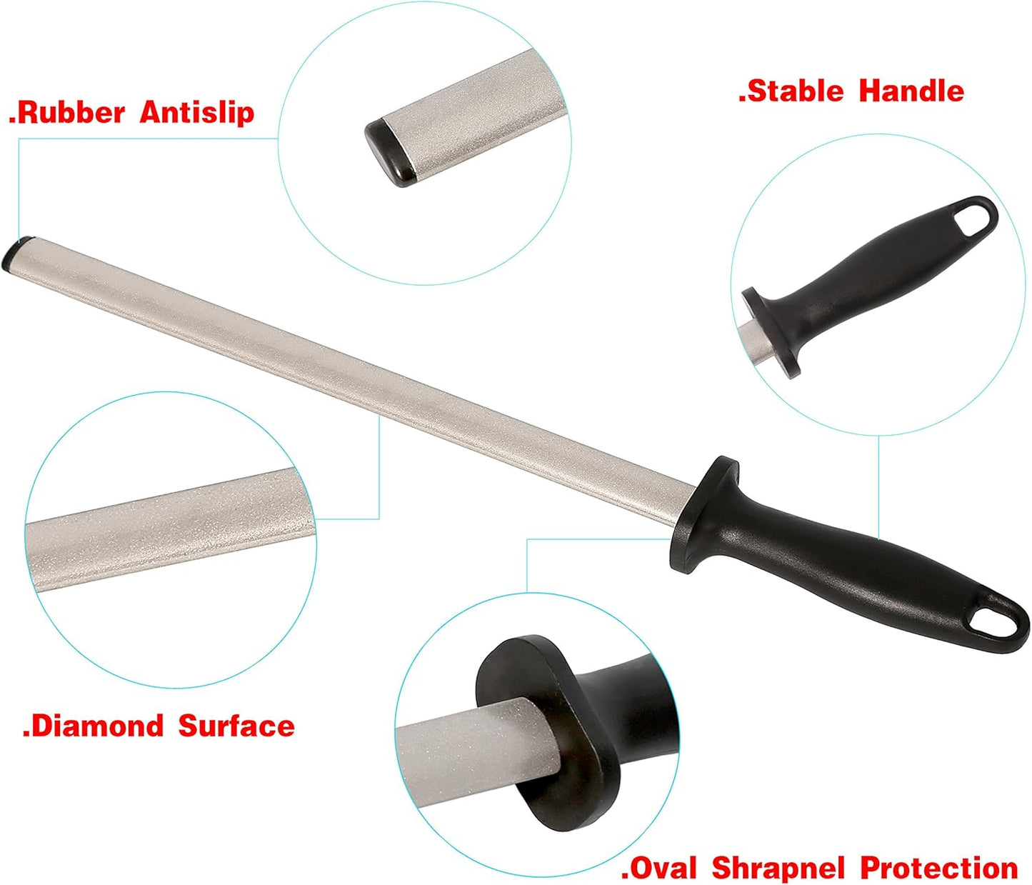 12 in. Diamond Carbon Steel Professional Knife Sharpener Rod | Kitchen, Home or Hunting | Master Chef, Hunter or Home Gourmet Blade Sharpening Rod or Stick