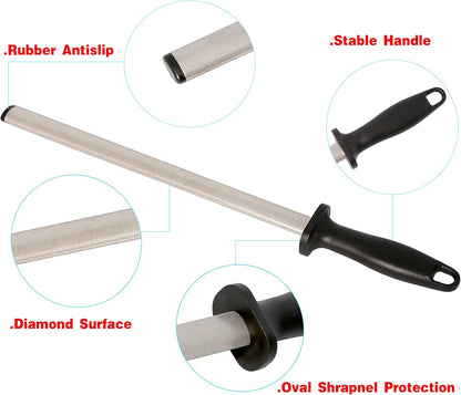 12 in. Diamond Carbon Steel Professional Knife Sharpener Rod | Kitchen, Home or Hunting | Master Chef, Hunter or Home Gourmet Blade Sharpening Rod or Stick