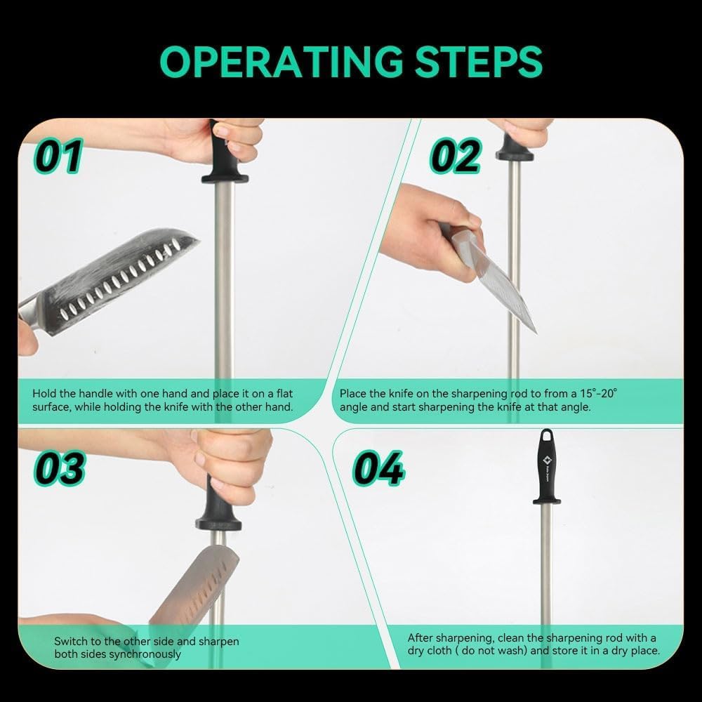 12 in. Diamond Carbon Steel Professional Knife Sharpener Rod | Kitchen, Home or Hunting | Master Chef, Hunter or Home Gourmet Blade Sharpening Rod or Stick