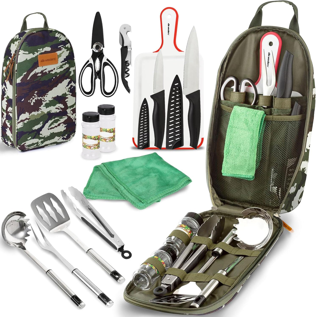 Camp Kitchen Cooking Utensil Set Travel Organizer Grill Accessories Portable Compact Gear for Backpacking BBQ Camping Hiking Travel Cookware Kit Water Resistant Case