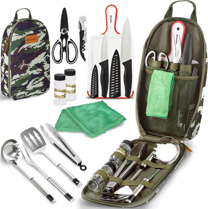 Camp Kitchen Cooking Utensil Set Travel Organizer Grill Accessories Portable Compact Gear for Backpacking BBQ Camping Hiking Travel Cookware Kit Water Resistant Case