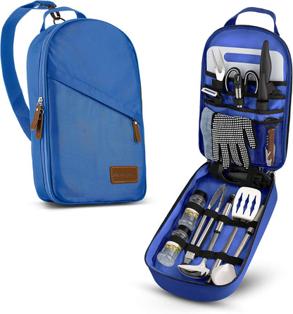 Camp Kitchen Cooking Utensil Set Travel Organizer Grill Accessories Portable Compact Gear for Backpacking BBQ Camping Hiking Travel Cookware Kit Water Resistant Case
