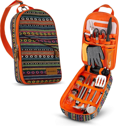 Camp Kitchen Cooking Utensil Set Travel Organizer Grill Accessories Portable Compact Gear for Backpacking BBQ Camping Hiking Travel Cookware Kit Water Resistant Case