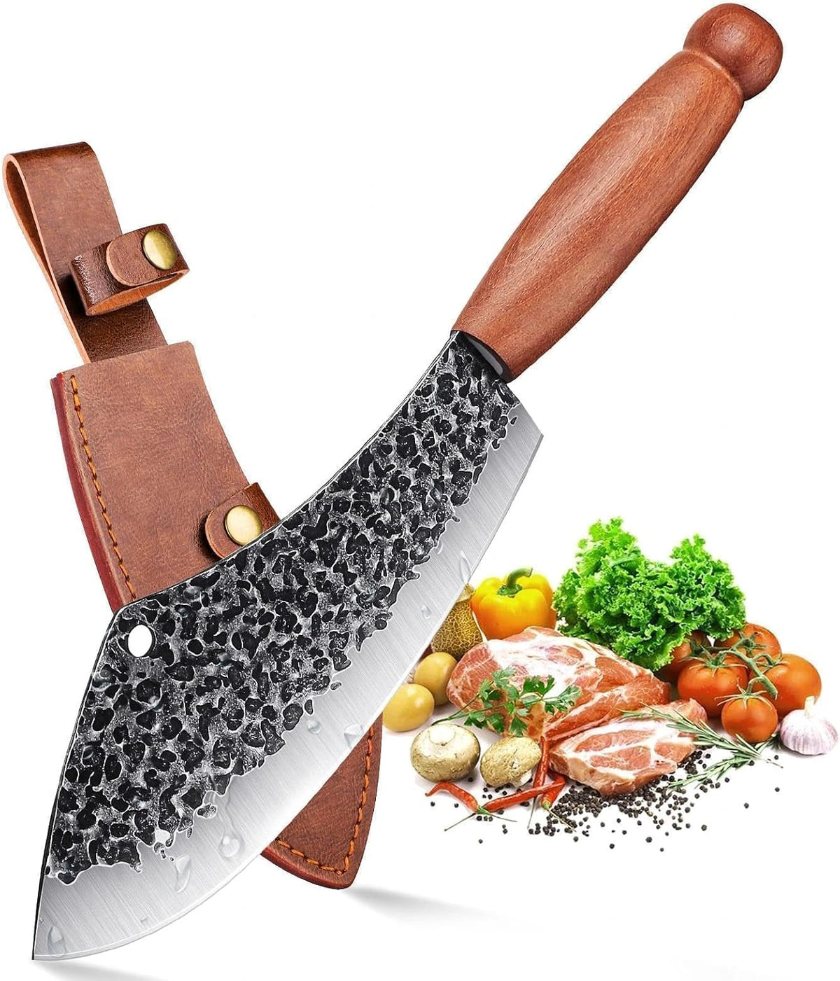 Hand Forged Meat Cleaver Butcher Knife with Leather Sheath | Ultra Sharp / High Carbon Steel / Ergonomic Non-Slip Grip / Multipurpose Chef Knife for Kitchen Outdoor, Gift for Man Women