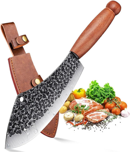 Hand Forged Meat Cleaver Butcher Knife with Leather Sheath | Ultra Sharp / High Carbon Steel / Ergonomic Non-Slip Grip / Multipurpose Chef Knife for Kitchen Outdoor, Gift for Man Women