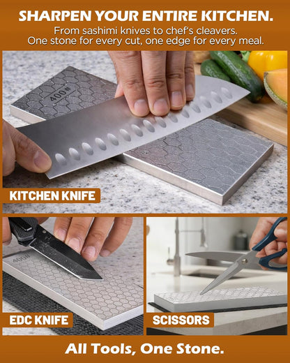 Diamond Sharpening Stone Set, 150/600 Grit Double-Sided Diamond Plate Sharpening Stone with Angle Guide & Non-Slip Silicone Mat – Restoration & Sharpening Diamond Plate for Axes, Knives