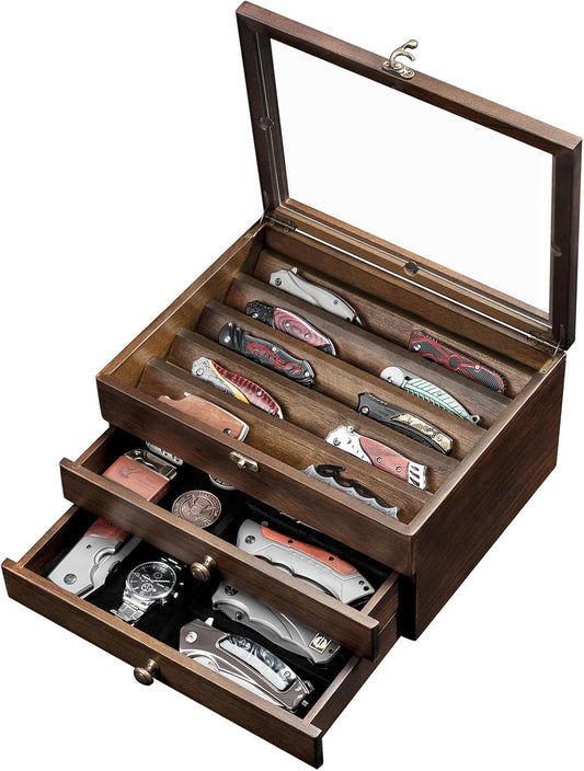 Knife Display Case, Knife Collection Display Holder with Glass Lid, 3-Layer Wooden Pocket Knife Case with Drawers (Walnut)