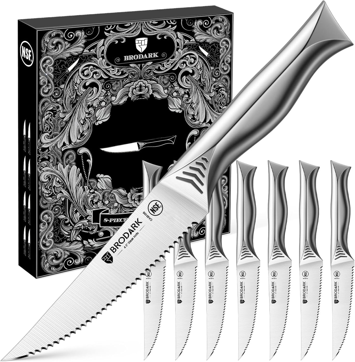 4.5 Inch Serrated Steak Knives Set of 8, Ultra Sharp, Shark Series | Effortless Smooth Cuts, High Carbon Stainless Steel, Upgraded Ergonomic Handle, NSF Certified, Elegant Gift Box