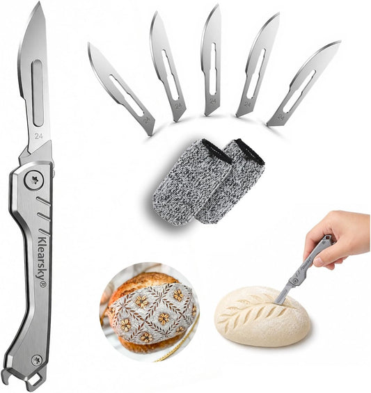 Premium Bread Lame, Stainless Steel Sourdough Scoring Tool with Foldable Safe Design, Bread Dough Scoring Knife with 5 Replacement Blades