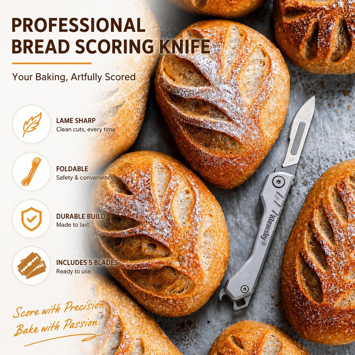 Premium Bread Lame, Stainless Steel Sourdough Scoring Tool with Foldable Safe Design, Bread Dough Scoring Knife with 5 Replacement Blades